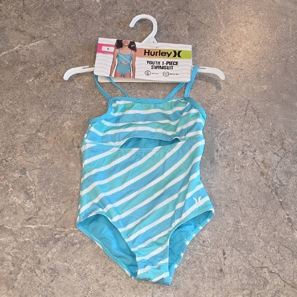(J35) Hurley Blue and White One Piece Swimsuit Dynamic Stripes